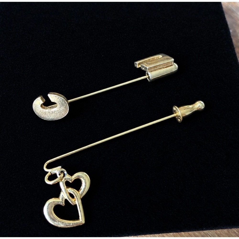Vintage Signed Monet Heart Hat Stick Pin Gold Tone Hat Pin Set of 2
